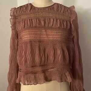 Boho Vintage-Style Blouse - Ruffled Lace Trim, Sheer Long Sleeves, Keyhole Back